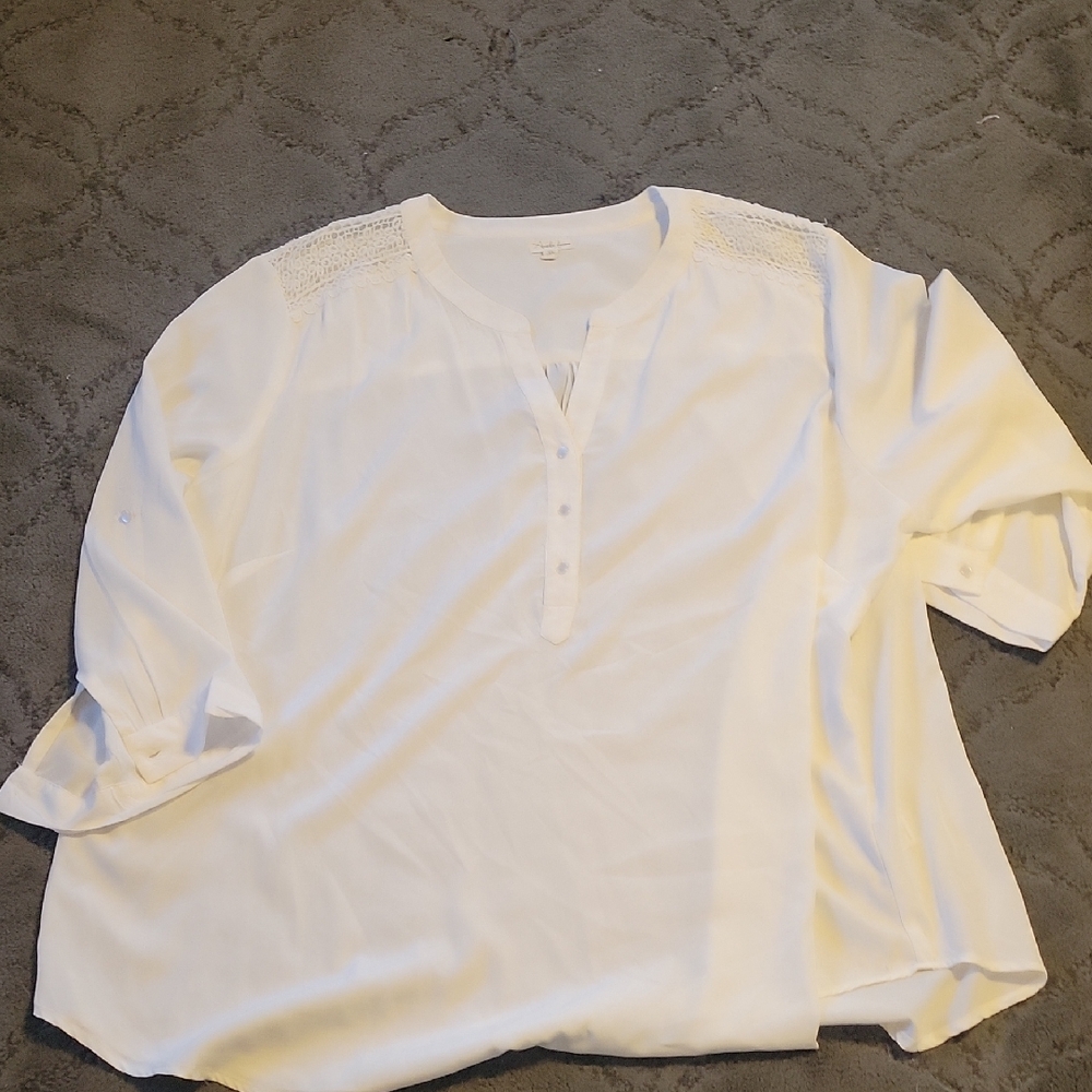 Women's White Crochet Shoulder Henley Blouse